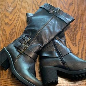 Copper colored over the calf boots